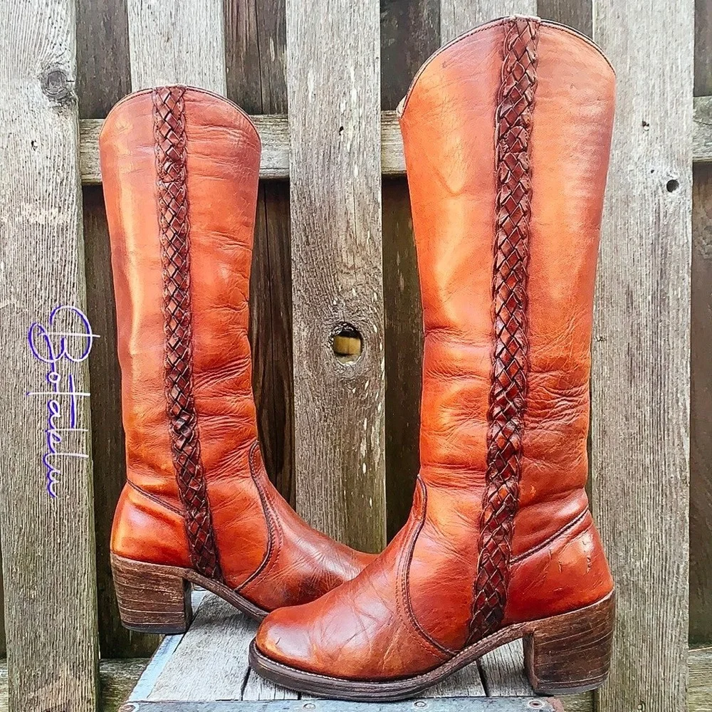 FRYE True Vintage Black Label Tall Knee High Braided Campus Brown Boots Size 7 - Picture 2 of 12